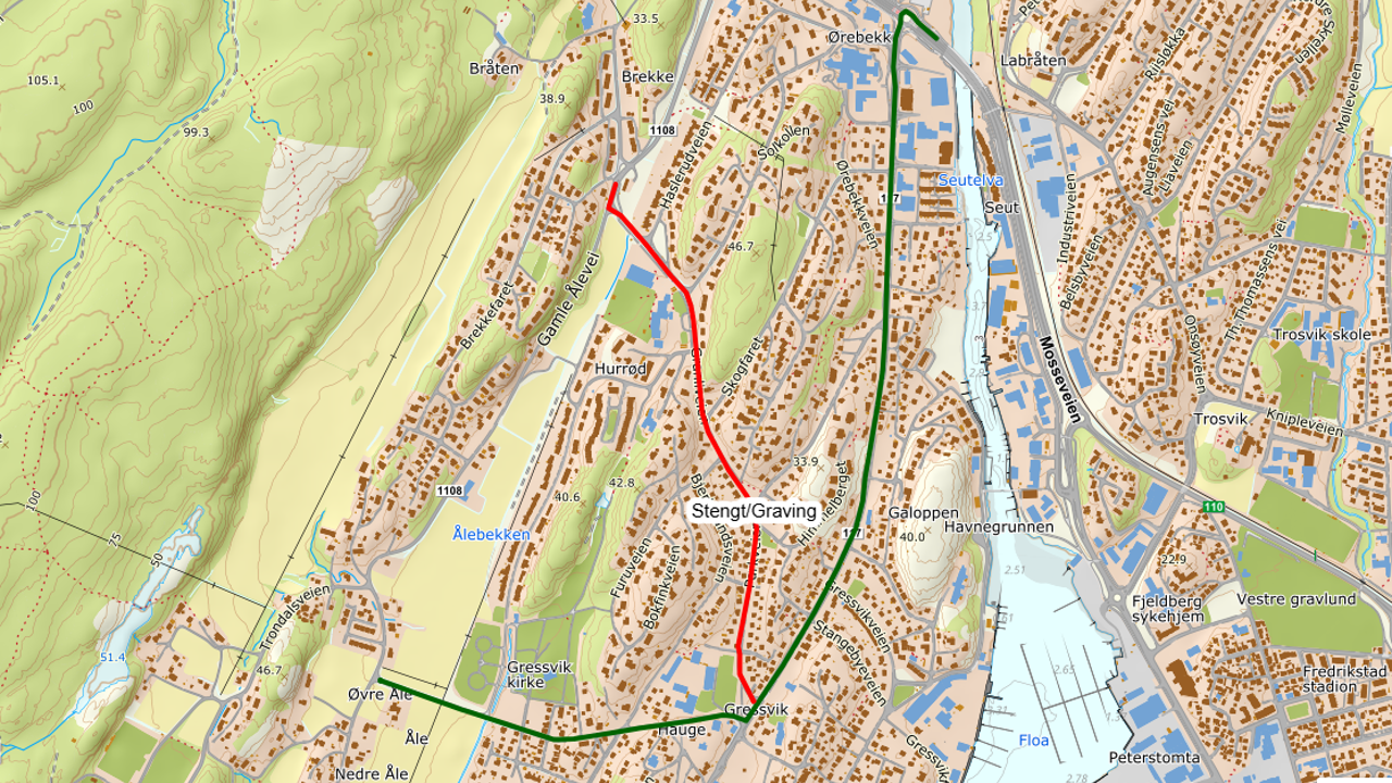 Kart som viser omkjøring for buss 115 mandag 19. januar