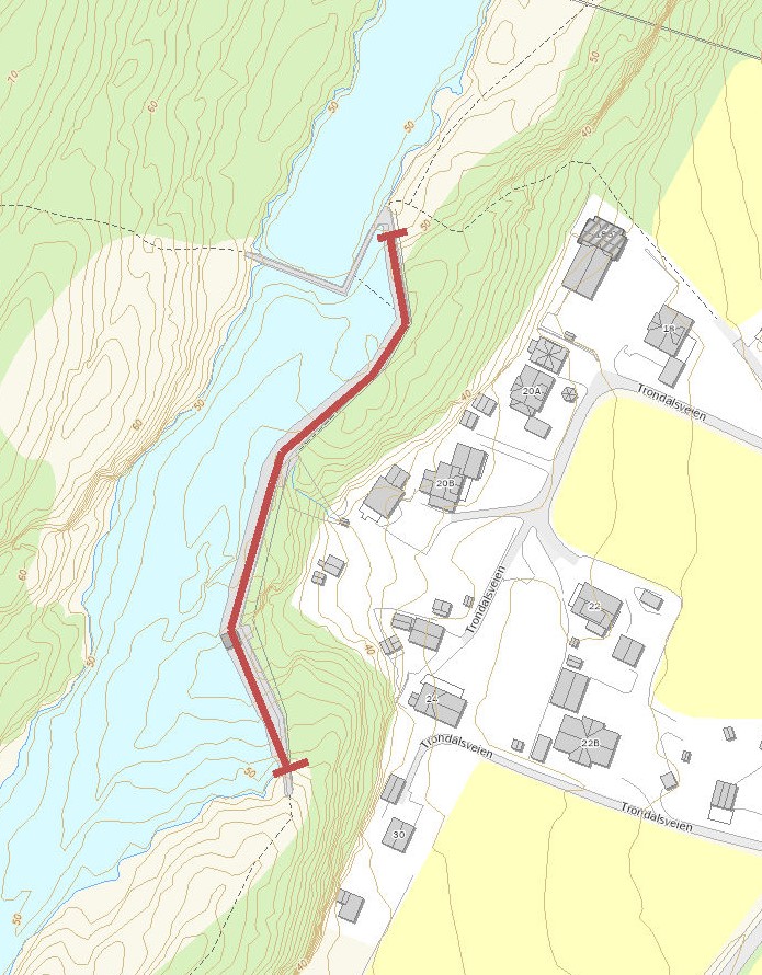 Betongdammen som stgenges er merket i rødt