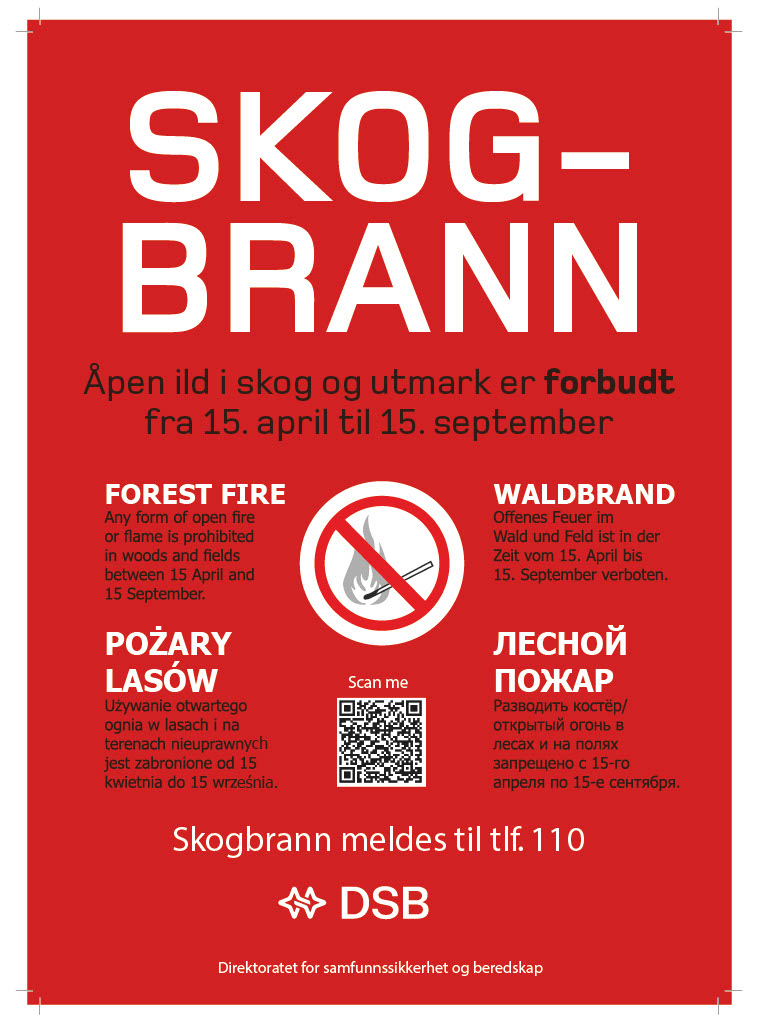 Plakat om bålforbud og skogbrannfare