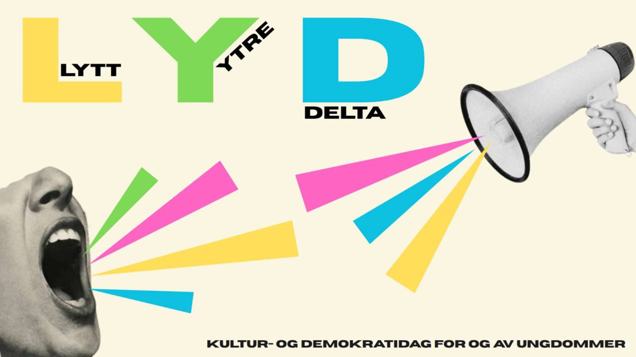 Plakat med en munn som roper og en megafon. 